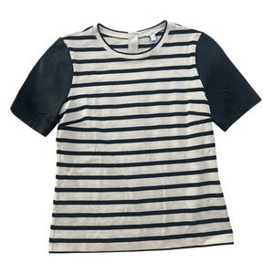 J Crew cream and black striped tee with leather sleeves and zipper at back
